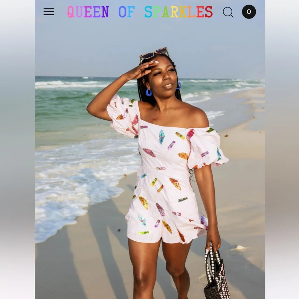 🗿NWOT Queen of Sparkles Tiki Umbrella kitsch Sleeve Dress light pink Beach QOS 🌺 - Picture 6 of 7